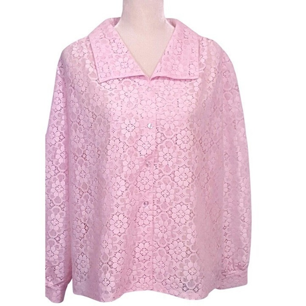 Vintage Pink Lace Blouse Womens XL Button Front Long Sleeve Made USA Romantic To - Picture 6 of 11